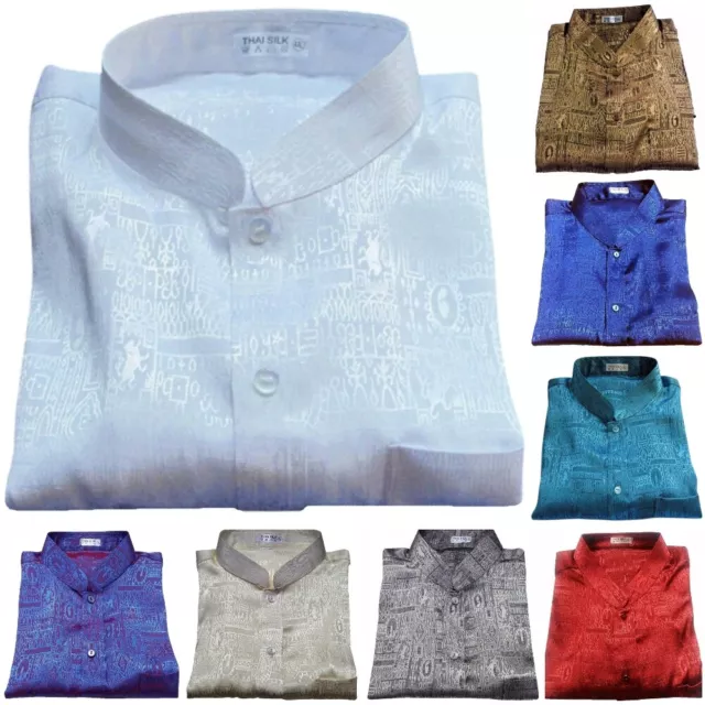 Mens Mandarin Collar Shirt Jacquard Thai Silk Long or Short Casual Dress / S-3XL