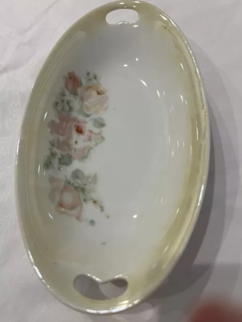 Antique Germany Porcelain Celery Relish Pickle Lustre Floral Dish Roses