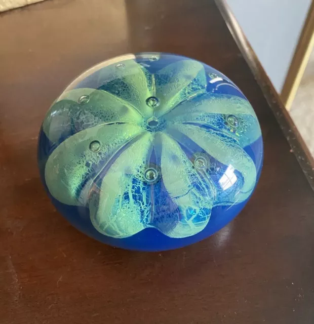 Vtg Seaview Art Glass Paperweight Fred Cresswell Signed Blue Green Bubbles 3