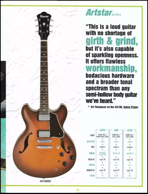 Ibanez Artstar Series AS180SBS electric guitar advertisement with specs ad print