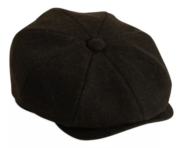 'Shelby' Black Herringbone Wool Newsboy Button Top Flat Cap By Gamble & Gunn