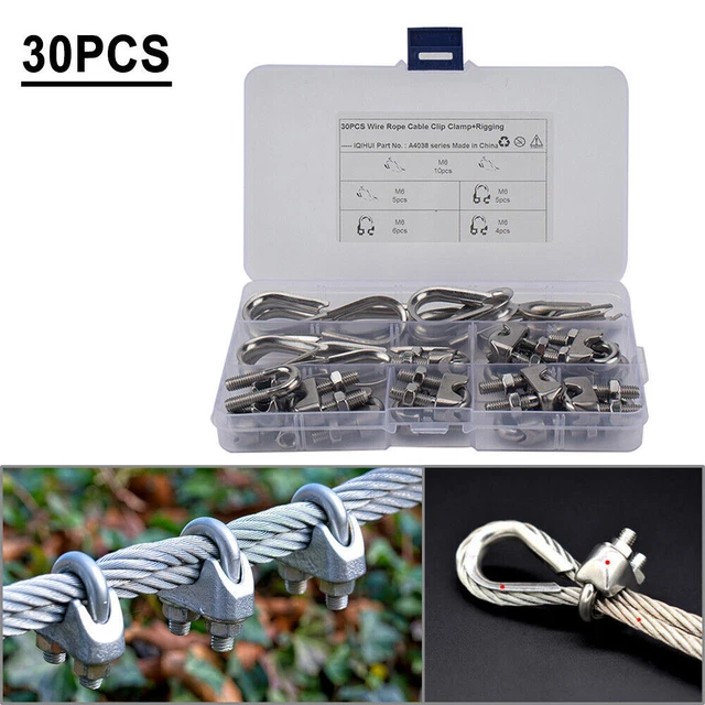 15 PCS M6 Wire Rope Fixed Clamp + 15 PCS Chicken Heart Triangular Ring