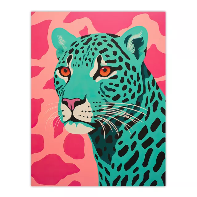 Modern Aqua Green Leopard Print On Pink Pop Art Style Wall Art Poster Print