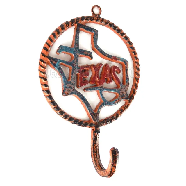 Texas Map Rope Outline Wall Hook Hanger Cast Iron Rust Turquoise Towel Hat Cap