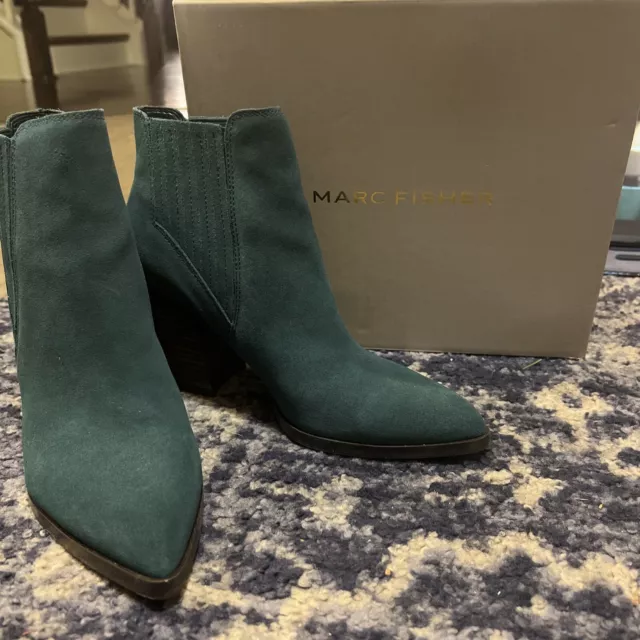 Marc Fisher Women Ellard Dark Green Ankle Boots Shoes Size 7.5M Block Heel Suede