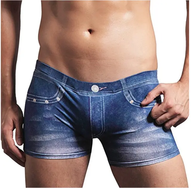 L Men's Smooth Spandex Shorts Fake Denim Jean Printed Boxer Briefs Underwear