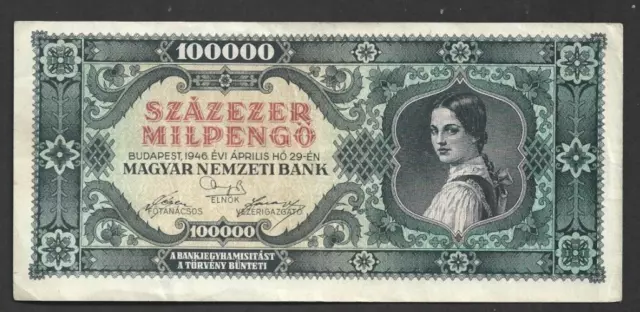 100 000 Mil/Million/Pengo Very Fine Banknote From  Hungary  1946  Pick-127