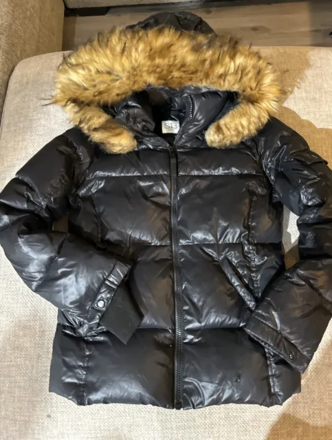 S13 NYC Jacket Womens Large Black Full Zip Faux Fur Trim Duck Down Puffer Coat