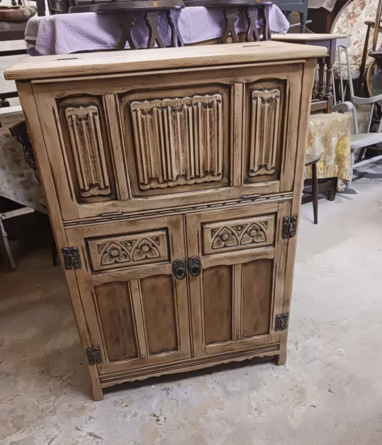 Stripped Old Charm Oak Linenfold Drinks Cabinet.