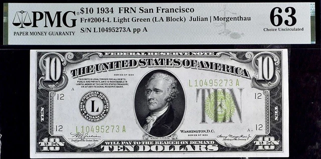 1934 $10 FRN San Francisco Fr#2004-L Light Green(LA Block) PMG 63 Unc Banknote