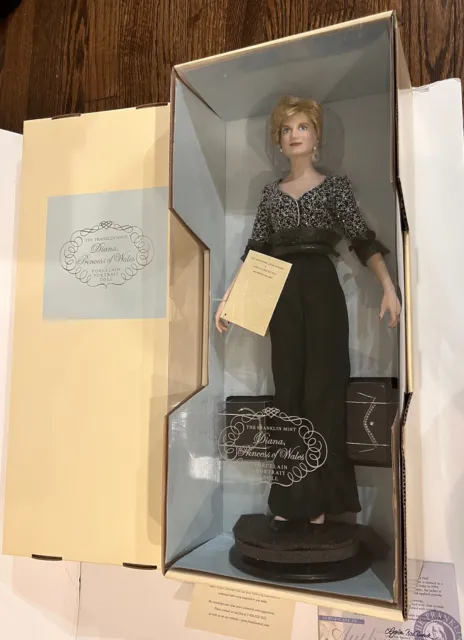 Franklin Mint Princess Diana Princess of Wales Porcelain Doll Black Dress