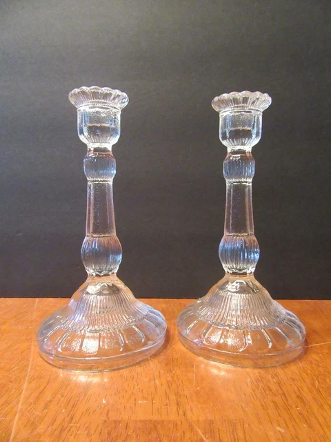 Vintage Set Pair 2 Large Hand Made Glass Ornate Candlestick Candle Holder Poland