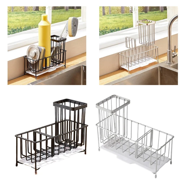 Bingobang Organiseur D'évier En Acier Inoxydable Avec Porte-éponge, Plateau D'égouttement Amovible, Argenté Et Noir