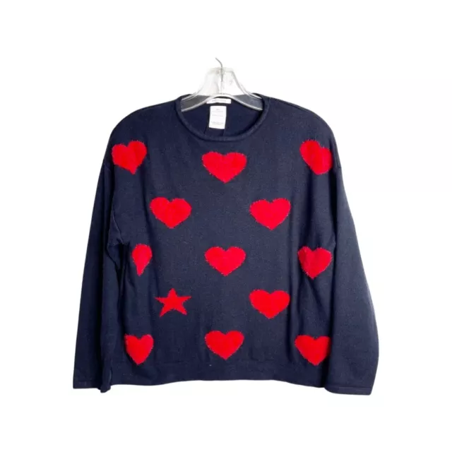 Zara Fancy collection knitwear Navy blue & red hearts fuzzy sweater girls 11-12