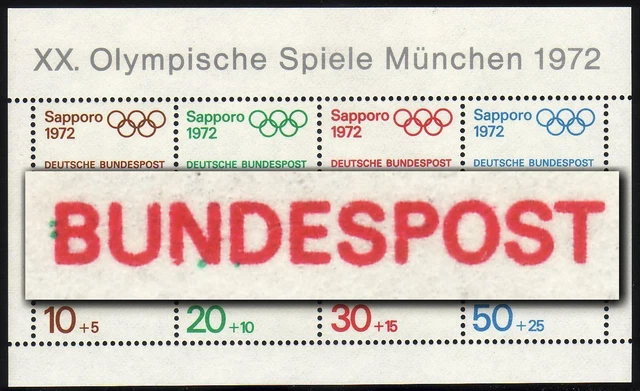 Block 6 Olympiade 1972, 30-Pf-Wert: grüne Flecken unter ND von BUNDESPOST, **