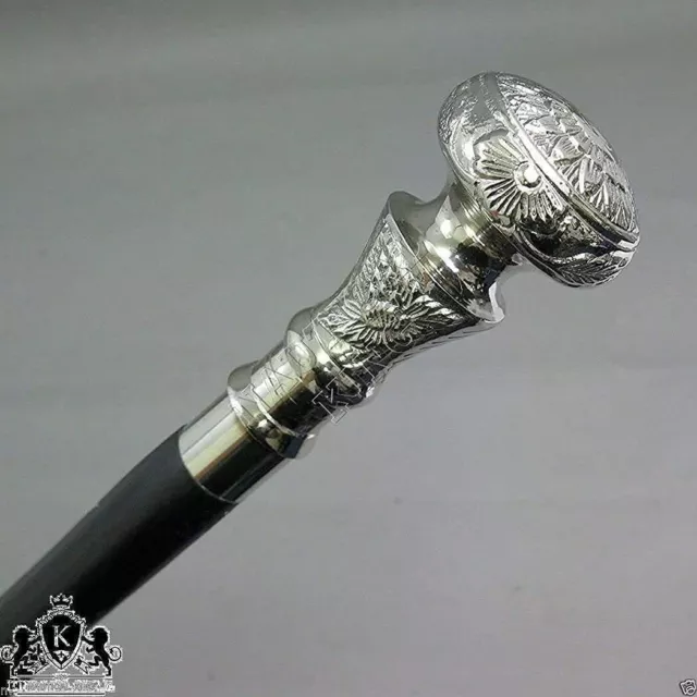 Vintage Solid Brass Silver Knob Head Handle Design Wooden Walking Stick Cane New