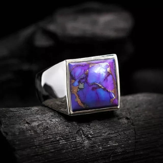 Solid 925 Sterling Silver Natural Purple Turquoise Gemstone Partywear Men's Ring
