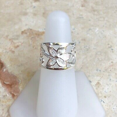 Sterling Silver Textured Wide Floral Design Cigar Band Ring NEW Size 7