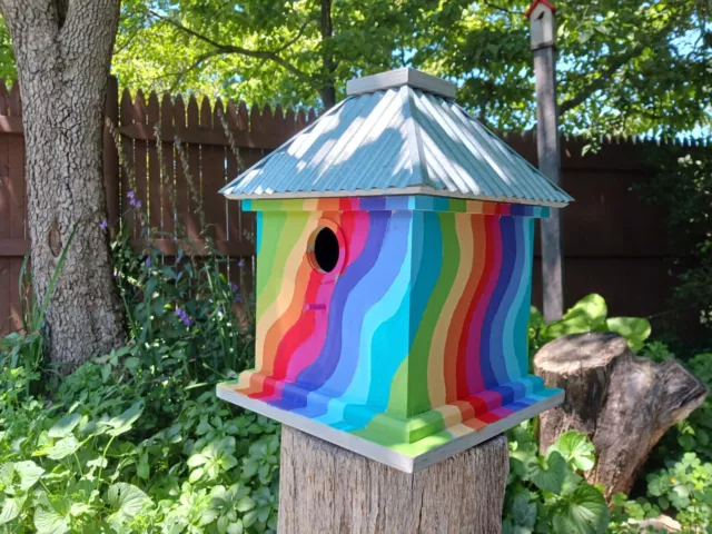 Handpainted Wavy Rainbow Birdhouse w/ Corrugated Metal Pyramid Hip Roof