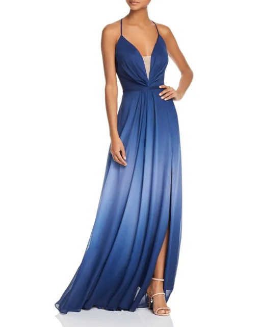 $480 Aqua Womens Blue Ombre V-Neck Lace-Up Tie Back Gown Side Slit Dress Size 2