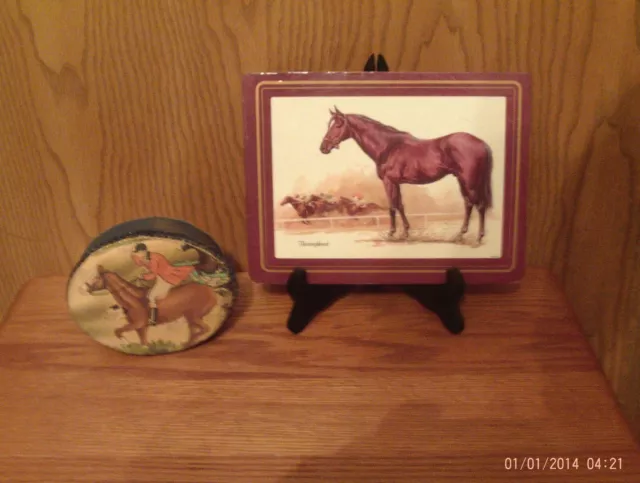Vintage Decorative Collectibles Oval Hunt Scene Trinket Box & Thorobred Hot Pad