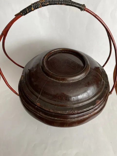 ANTIQUE CHINESE  LIDDED WOODEN RICE CONTAINER BUCKET w/ HANDLE