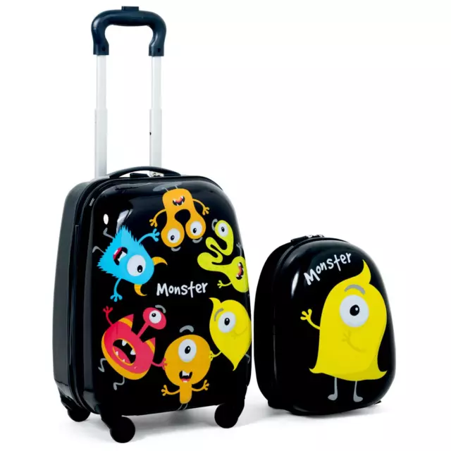 2 Tlg Kindergepäck Monstersbild Reisekoffer Kinderkoffer + Rucksack Schwarz