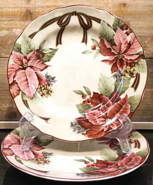 222 Fifth Yuletide Celebration Salad Plate 8-3/4" Round Poinsettias Set of 2