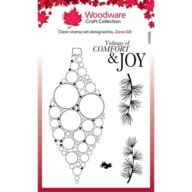 Woodware Big Bubble Bauble Joy Pine Branch Clear Stamp Set Christmas Card Making