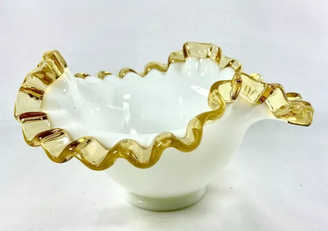 Fenton Ruffled Crimped Gold Crest White Milk Glass Bowl Candy Dish 1940s-1960s