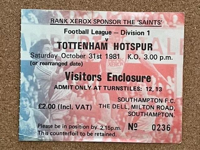 1981/82 Southampton V Tottenham Hotspur 31-10-1981 Division 1 Match Ticket