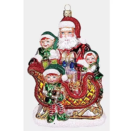 Santa with Elves and Present on Sled Polish Mouth Blown Glass Christmas Ornament