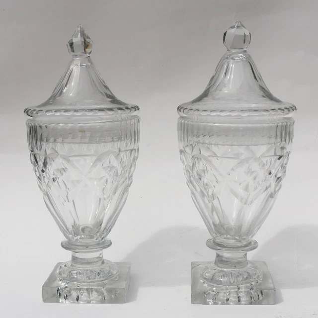 A pair of antique Georgian Irish small cut glass Urns / Bon Bon Jars C.1790 5