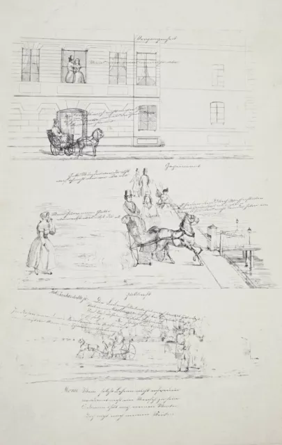 TRANSPORT & VERKEHR - Liebespaar - Kutsche - Federzeichnung um 1850