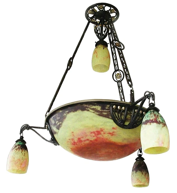 Lustre Art Déco en Fer Forgé et Pâte de Verre Soufflée par