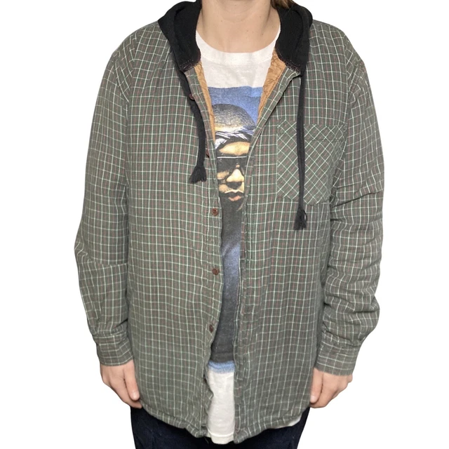 Vintage Classic Rugged Wear Green Quilted Plaid Flannel Shirt Jacket Hood XL 90s