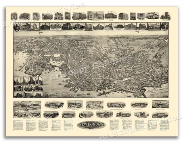 1911 New London Connecticut Vintage Old Panoramic City Map - 24x32