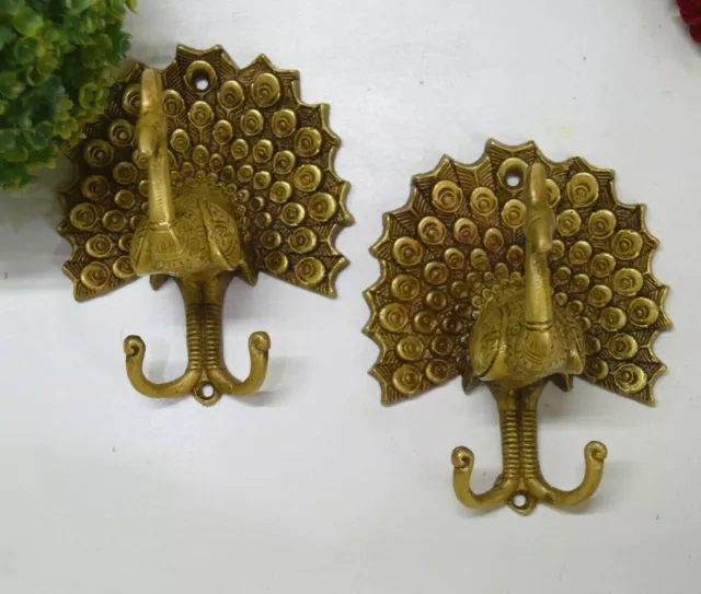 Brass Peafowl Wall Hook Set Of 02 Hooks Peacock Design Handicraft wall Dec EK107