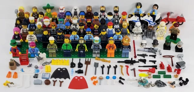 54 Lego figures + Accessories - Weapons Tools $ Dog Cops & More star wars Marvel