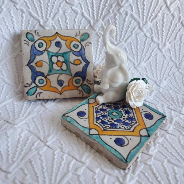 Pair of Moorish Ceramic Tiles, Vintage Moroccan Spanish Salvage Tile Coaster 8