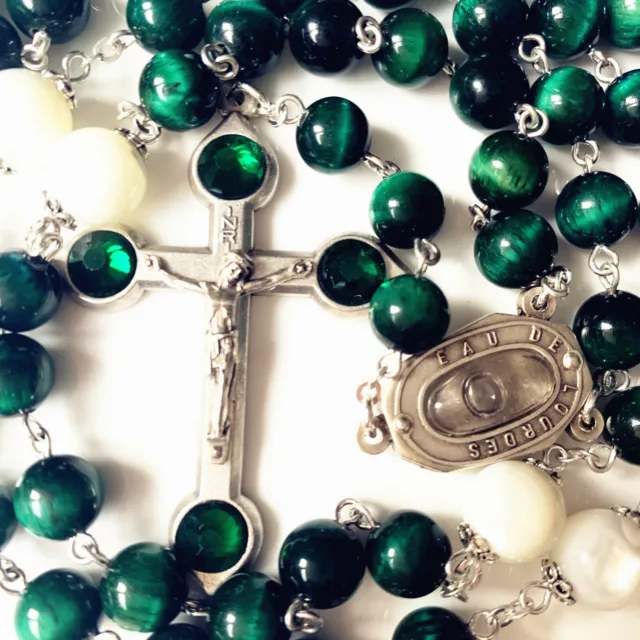 SEVEN SORROWS ROSARY GREEN TIGER EYE BEAD CRUCIFIX NECKLACE Lourdes water Medal