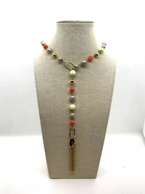 Alexis Bittar Beaded Lariat Tassel Necklace Swarovski Coral Chrysoprase Pearl