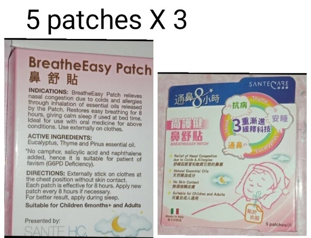 3 X SanteCare Breathe Easy Parche nariz bloqueada congestión nasal 5 parches