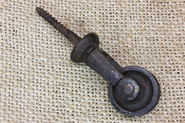 Old Tiny Screw Pulley 3/4" Wheel Cast Iron Vintage Barn Rustic Antique Black