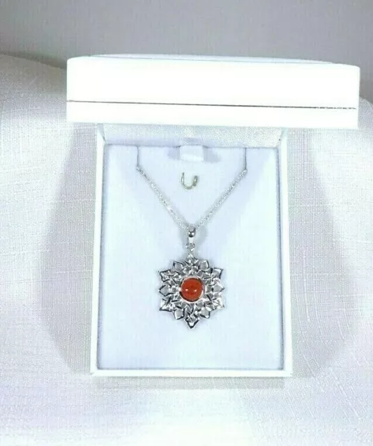 1.43 ct Natural Carnelian Sterling Silver Celtic Knot Weave Snowflake Necklace