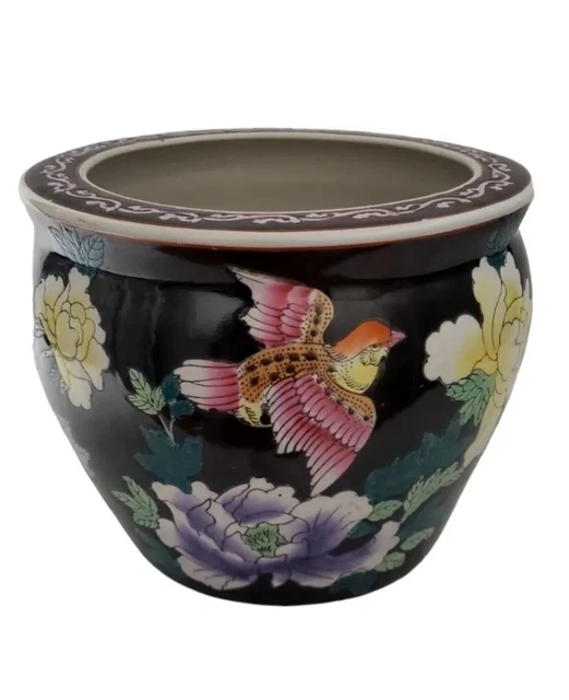 FLOWER KOI FISH Bowl Planter Jardiniere Chinese Famille BirdsPot 8 x 6.