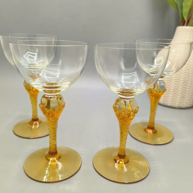 Vintage Aperitif Liqueur Cordial Glasses Set of 4 Twisted Stem Amber Yellow 1960