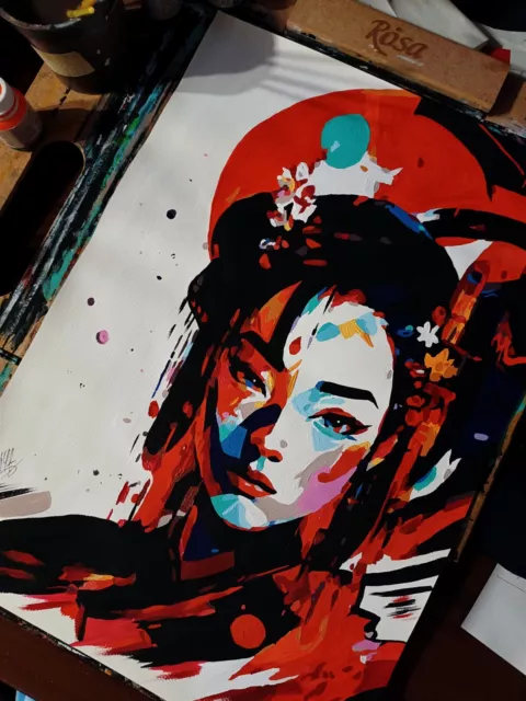 Acrilyc portrait Poster Of Japanese geisha girl, handmade 3