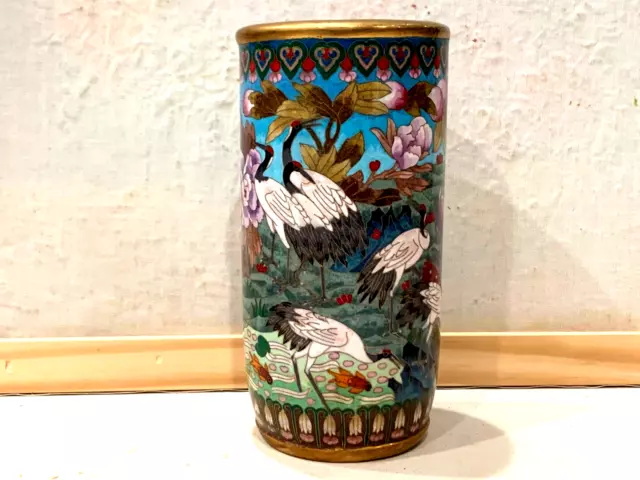 Antique Chinese Hand Painted Enamel Cloisonne Vase Birds Flowers Design 10.5"H