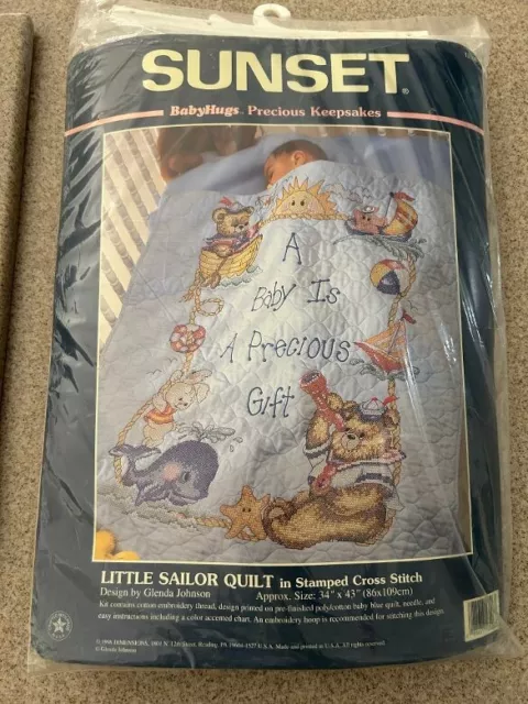 Sunset Little Sailor Stamped Cross Stitch Crib Quilt Kit 34x43 NEW in Pkg. 13106